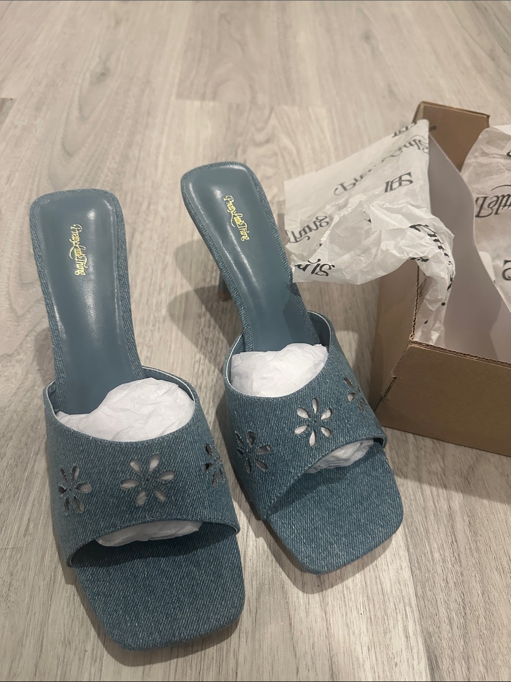 PrettyLittleThing Denim Blue Floral Cutout Slide Mules - Women